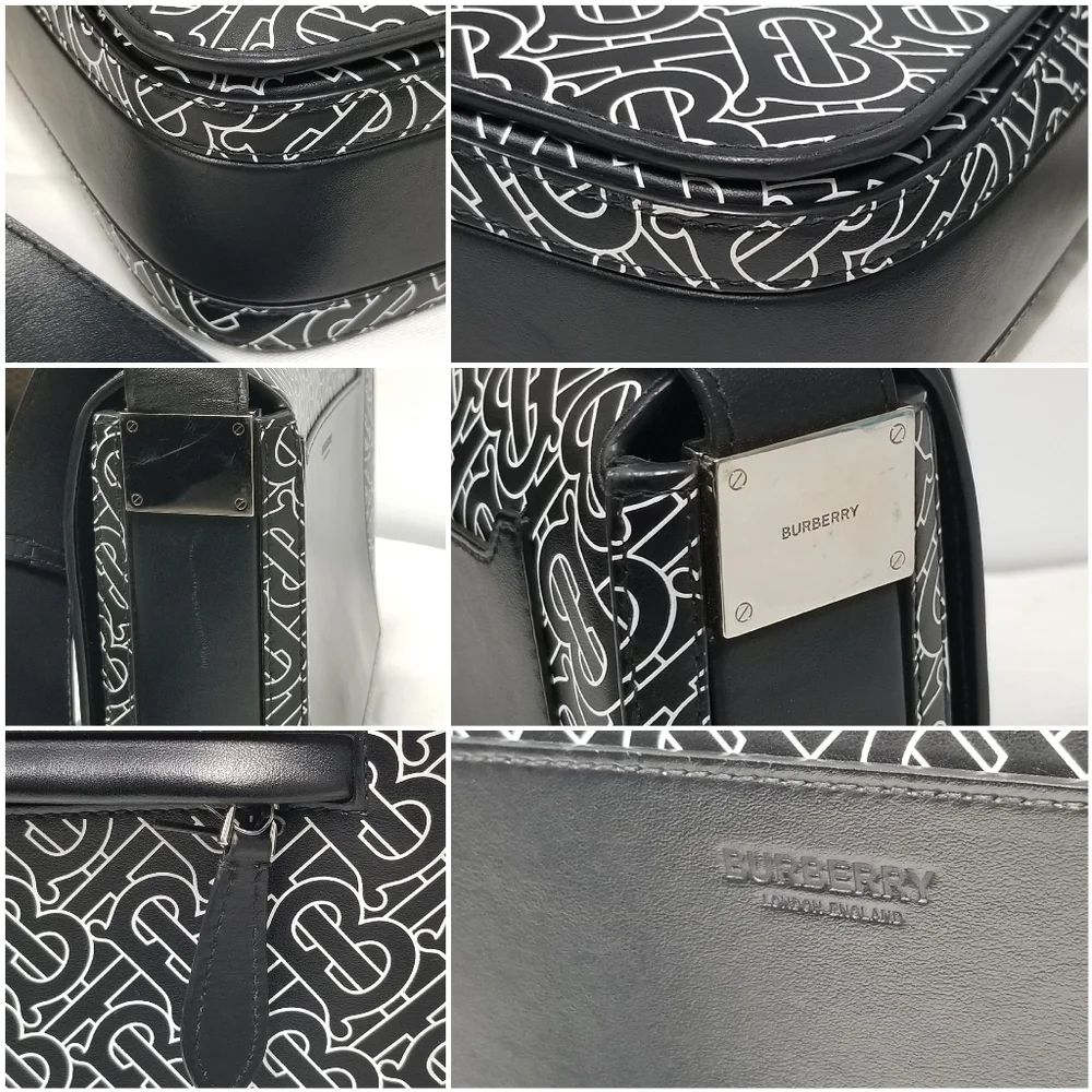 BURBERRY Calfskin Monogram TB Print Black and White Messenger Crossbody Bag